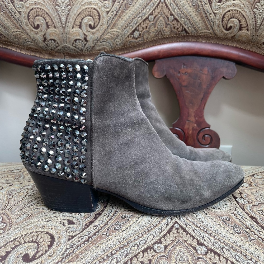 Giuseppe Zanotti Crystal Studded Gray Suede Leather "Daddy" Ankle Boots Size 8.5